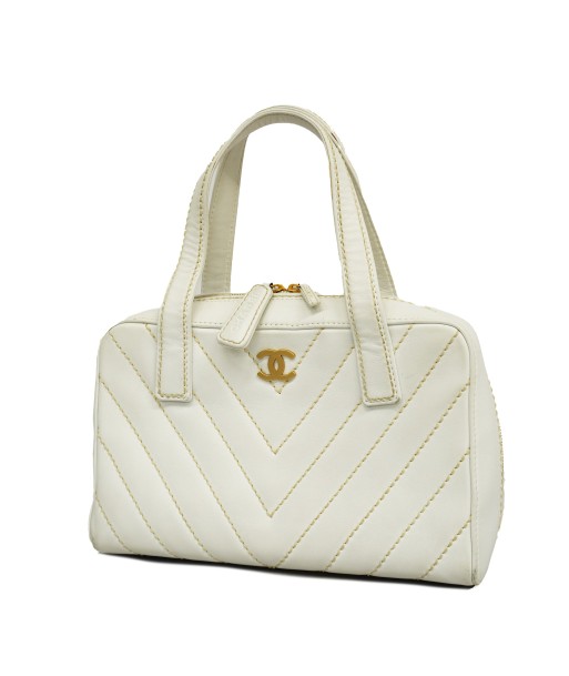 Auth Chanel Handbag V Stitch Leather White Gold Metal outlet