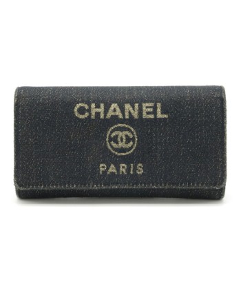 CHANEL Deauville Line Coco Mark Flap Canvas Leather Lame Dark Navy Blue A80053 pas chere