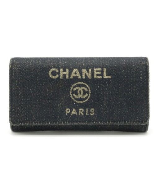 CHANEL Deauville Line Coco Mark Flap Canvas Leather Lame Dark Navy Blue A80053 pas chere