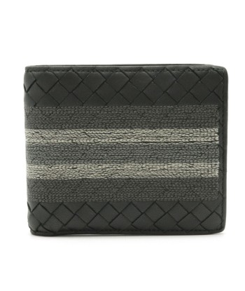 BOTTEGA VENETA Intrecciato Embroidered Detail Striped Bi-Fold Wallet Leather Black à prix réduit toute l'année