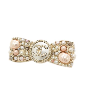 Chanel Pin Brooch Ribbon Pearl Rhinestone Champagne Gold G21V plus qu'un jeu 