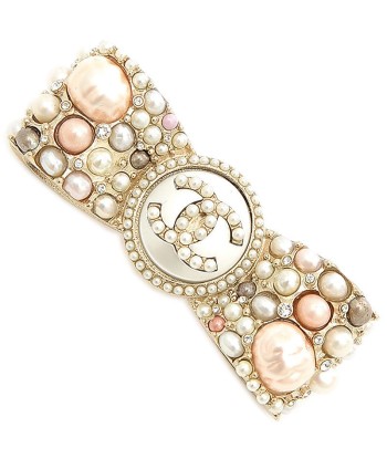 Chanel Pin Brooch Ribbon Pearl Rhinestone Champagne Gold G21V plus qu'un jeu 