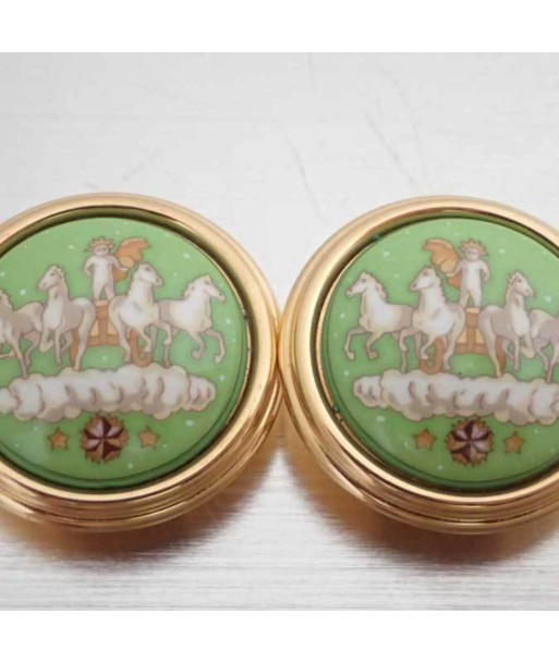 Hermes Earrings Cloisonne Gold Green Off-White Enamel Round Clip-on Ladies meilleur choix