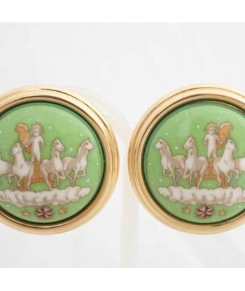 Hermes Earrings Cloisonne Gold Green Off-White Enamel Round Clip-on Ladies meilleur choix