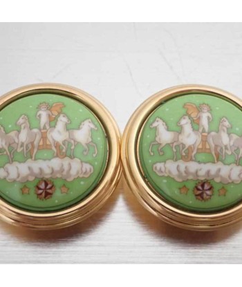 Hermes Earrings Cloisonne Gold Green Off-White Enamel Round Clip-on Ladies meilleur choix