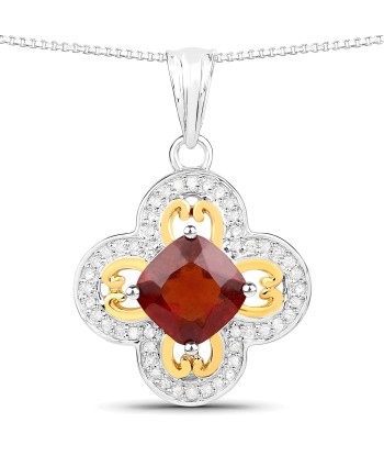 1.63 Carat Genuine Hessonite and White Diamond 18K Yellow Gold with .925 Sterling Silver Pendant en ligne