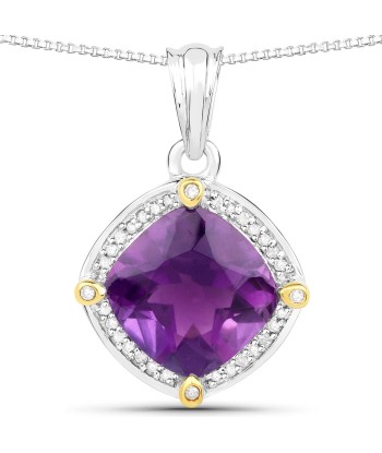 3.20 Carat Genuine Amethyst and White Diamond 18K Yellow Gold with .925 Sterling Silver Pendant Fin de série