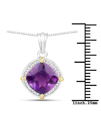 3.20 Carat Genuine Amethyst and White Diamond 18K Yellow Gold with .925 Sterling Silver Pendant Fin de série