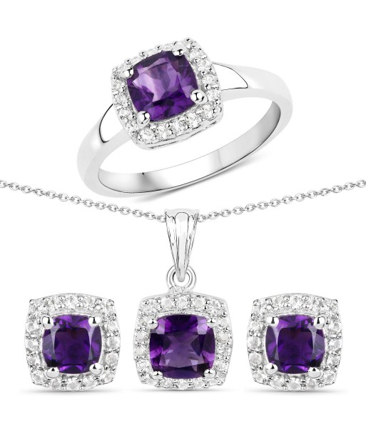 3.62 Carat Genuine Amethyst and White Topaz .925 Sterling Silver 3 Piece Jewelry Set (Ring, Earrings, and Pendant w/ Chain) Véritable concentré