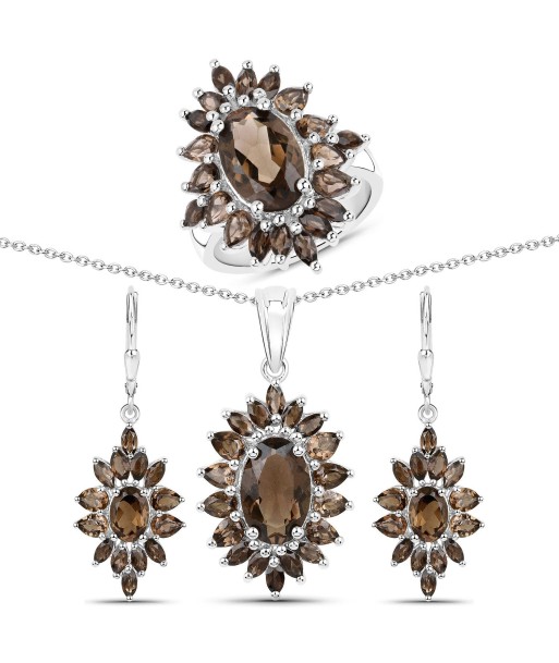 16.36 Carat Genuine Smoky Quartz .925 Sterling Silver 3 Piece Jewelry Set (Ring, Earrings, and Pendant w/ Chain) 2023