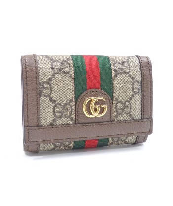 Gucci Tri-Fold Wallet Offidia Ladies Beige Brown PVC Leather 644334 GG Supreme Shelly Webbing Line Web Mini Double G paiement sécurisé