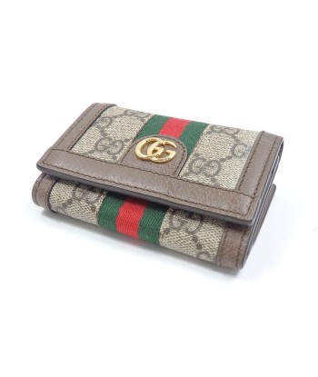 Gucci Tri-Fold Wallet Offidia Ladies Beige Brown PVC Leather 644334 GG Supreme Shelly Webbing Line Web Mini Double G paiement sécurisé